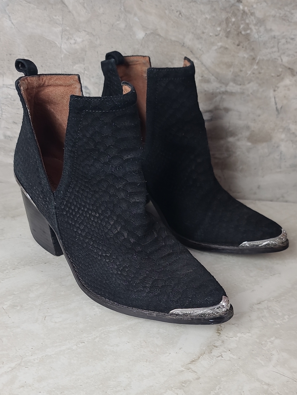 Jeffrey Campbell CROMWELL Black Suede Textured Cutout Silver Cap Ankle Boots 9.5